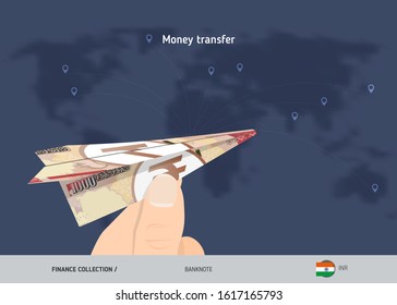 Money transfer around the world. 1000 Indian Rupee paper plane. Flat style vector illustration.