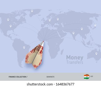 Money Transfer Around The World. 20 Indian Rupee Paper Plane. Flat Style Vector Illustration.