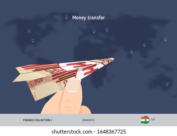Money transfer around the world. 20 Indian Rupee paper plane. Flat style vector illustration.