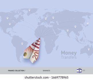 Money transfer around the world. 20 Israeli New Shekel paper plane.
Flat style vector illustration.