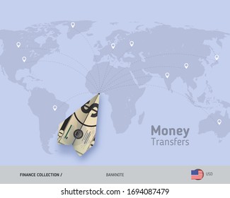 Money Transfer Around The World. 20 US Dollar Paper Plane. Flat Style Vector Illustration.