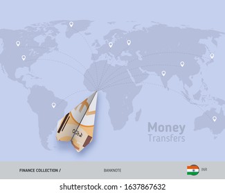 Money Transfer Around The World. 200 Indian Rupee Paper Plane. Flat Style Vector Illustration.