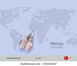 Money transfer around the world. 200 Turkish Lira paper plane. Flat style vector illustration.