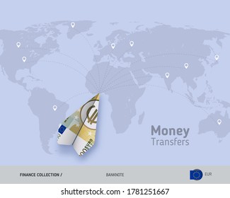 Money Transfer Around The World. 200 Euro Paper Plane. Flat Style Vector Illustration.