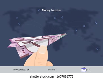 Money transfer around the world. 2000 Indian Rupee paper plane. Flat style vector illustration.