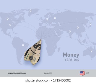 Money Transfer Around The World. 5 US Dollar Paper Plane. Flat Style Vector Illustration.