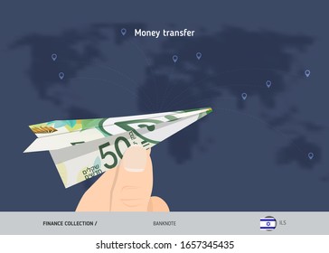 Money transfer around the world. 50 Israeli New Shekel paper plane. Flat style vector illustration.
