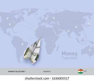 Money transfer around the world. 500 Indian Rupee paper plane.
Flat style vector illustration.