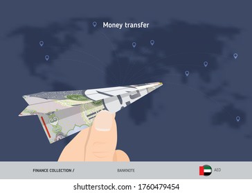 Money transfer around the world. 500 United Arab Emirates Dirham paper plane. Flat style vector illustration.