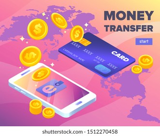 Money transfer from bank card to digital wallet in an online banking transaction showing a bank card and mobile phone linked by a stream of gold coins, vector illustration.