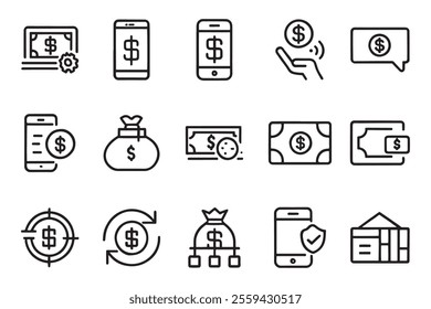 
Money transfer. Banking, credit card, cash and transaction related editable stroke outline icons set isolated flat vector illustration on white background