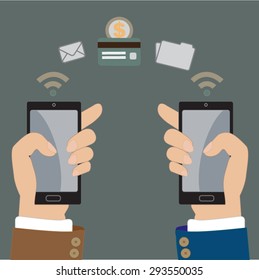 Money transfer between smartphone via wifi, business concept