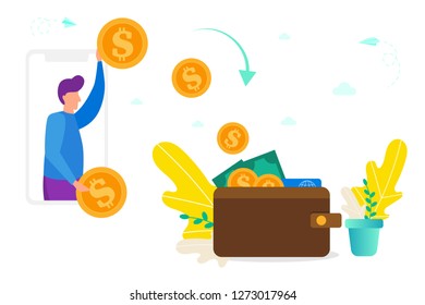 Money transfer between smartphone and wallet, concept of giving/receiving money, online payment, turning online money into cash  vector illustration for web, ui, landing page, flyer, poster, banner.