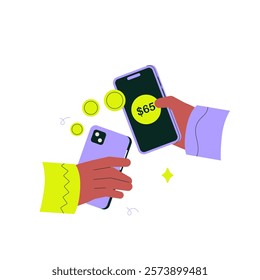 Money transfer between smartphones in flat vector illustration symbolizing digital wallet, online banking, and financial app, isolated on white background.