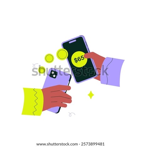 Money transfer between smartphones in flat vector illustration symbolizing digital wallet, online banking, and financial app, isolated on white background.