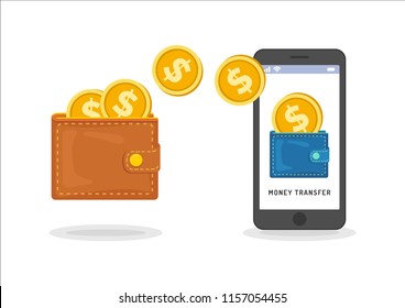 Money transfer between wallet and smartphone, flat styling. Vector illustration of online payment, money transaction. Design concept of capital flow, earning money, financial savings.