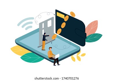 Money transfer between wallet and smartphone, flat styling. Vector illustration of online payment, money transaction.