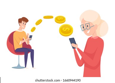 Money Transfer. Boy Send Pay With Phone. Financial Assistance To Parents Or Grandmother Vector Concept