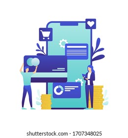 Money transfer, cashback, digital wallet app, online transactions, mobile banking concepts. Group of people and mobile phone with credit card and gold coins. Modern flat design. Vector illustration