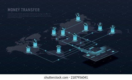 Money transfer concept. Banking operations, online shopping, payment. Modern technologies and digital world, poster or banner for web. Application and program. Cartoon isometric vector illustration