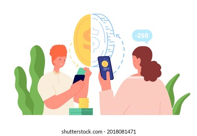 Money transfer concept. Business with mobile, fast payment transaction. Pay service, woman giving money from phone. Instant earn utter vector concept