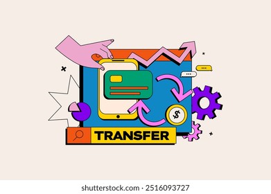 Geldtransferkonzept im flachen Cartoon-Stil. Bunte Abbildung zeigt eine Hand, die ein Smartphone mit Kreditkarte hält, verschiedene Symbole wie Dollarzeichen, Pfeile. Vektorgrafik.