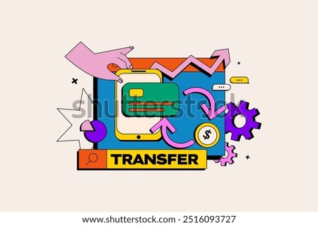 Money transfer concept in the flat cartoon style. Colorful illustration showing a hand holding a smartphone with a credit card, different symbols like dollar sign, arrows. Vector illustration.