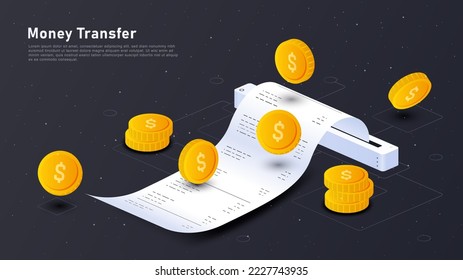 Money transfer concept. Large check with gold coins. Electronic wallet, cashless payments and transactions. Banking and online shopping. Poster or banner for website. Isometric vector illustration