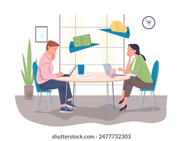 Money transfer concept. Man and woman with cashless transfers and transactions. Guy and girl with laptops send cash to each others. Linear vector illustration isolated on white background