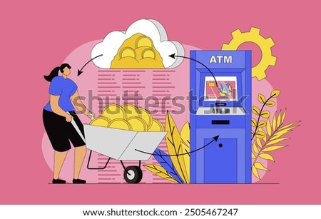 Money transfer concept with modern flat design for web. Woman making financial transaction and sending cash to account balance with atm, exchange coins and using banking service. Vector illustration.