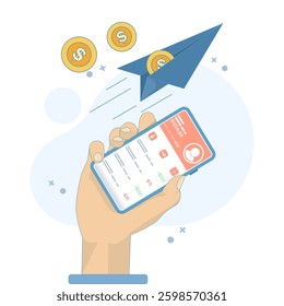 Money Transfer Concept. Paper Plane with Coins. Send and receive money. Online transaction. Money transfer, e-commerce and banking concept. Vector Illustration Design on background.