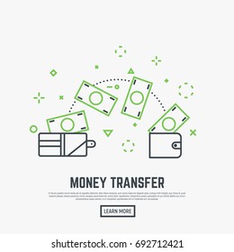 Money transfer concept. Two leather wallets with banknotes transferring. Receiving and sending money from one wallet to another. Modern line style vector illustration.