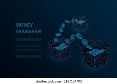 Ilustración vectorial del concepto de transferencia de dinero. Monedas azules volando de caja a caja en alambre de bajo estilo de pólvora con puntos, líneas y luces. Fondos financieros o bancarios.