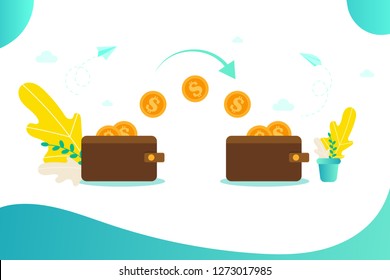 Money transfer concept with wallets and gold coins, online payment, vector illustration for web, ui, landing page, flyer, poster, banner.