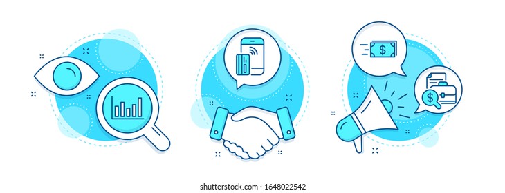 Geldtransfer, kontaktlose Zahlung und Spaltendiagrammsymbole. Handshake Deal, Forschung und Förderung komplexe Symbole. Rechnungslegungsbericht - Zeichen. Barlieferung, Telefongeld, Finanzdiagramm. Vektorillustration