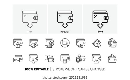 Transferencia de dinero, pago con tarjeta de crédito, retirar fondos iconos. Iconos de línea de la cartera. Monedero en efectivo, acceso a huellas dactilares y billetera en línea. Comercio de dinero, transferencia de depósito y cálculo de presupuesto en efectivo. Vector