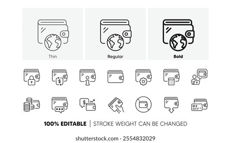 Money transfer, Credit card payment, Withdraw funds icons. Wallet line icons. Cash purse, Money access and online Wallet. Money commerce, Deposit transfer and Calculate cash budget. Vector