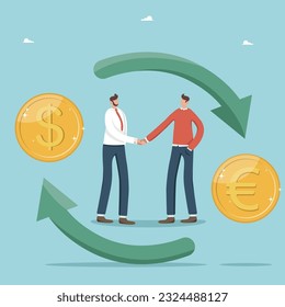 Money transfer, currency exchange, international companies for making currency transfers, dollar to euro conversion, account transactions, two businessmen shaking hands and exchanging currency.