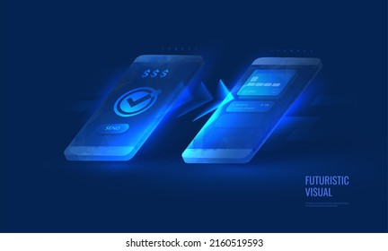 Money transfer in digital futuristic style. The process of conducting a monetary transaction in a mobile application. Isometric vector illustration with light effect and neon