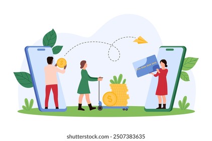 Money transfer and exchange online, bank payment with mobile app. Tiny people pay with electronic wallet and smartphone, characters holding credit card and dollar coin cartoon vector illustration
