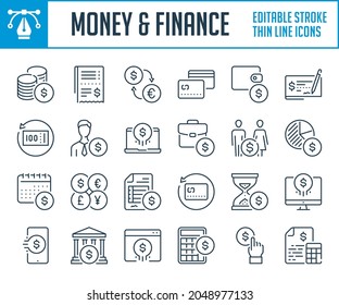 Iconos de la línea delgada de transferencia de dinero y Exchange. Juego de iconos de esquema de pagos y transacciones financieras. Iconos de trazo editables.