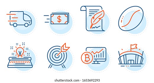 Money transfer, Feather and Coffee beans signs. Bitcoin chart, Arena and Archery line icons set. Truck delivery, Typewriter symbols. Cryptocurrency statistics, Sport stadium. Business set. Vector