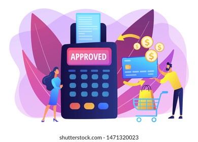 Money transfer. Financial services. POS terminal. Online shopping. Payment processing, easy payment systems, digital payment service concept. Bright vibrant violet vector isolated illustration