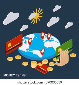 Money transfer, financial transaction, online banking, pay per click flat 3d isometric vector concept illustration