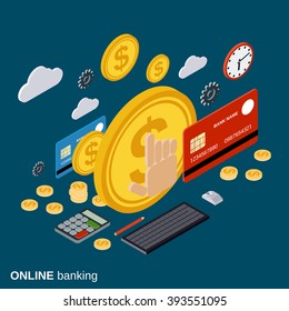 Money transfer, financial transaction, online banking, pay per click, currency exchange flat 3d isometric vector concept illustration
