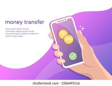 Money transfer flat design banner. Hand holds smartphone, online payments, receiving money.
