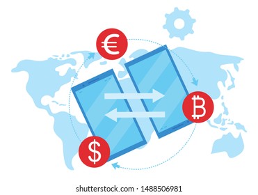 Money transfer flat vector illustration. International financial transactions and exchange rates cartoon concept. Remittance service. E payment gateway, fintech. Peer to peer global payments metaphor