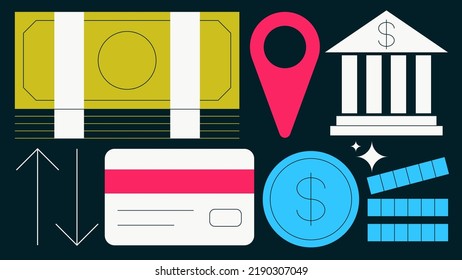 Money transfer flat vector illustration. Money with bank, card, location sign, coins, and transfer sign. Exchange, sending money, finances and economy concept. Simple colourful cartoon design.