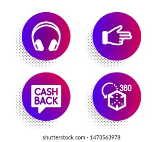 Money transfer, Headphones and Click hand icons simple set. Halftone dots button. Augmented reality sign. Cashback message, Music listening device, Direction finger. Virtual reality. Vector