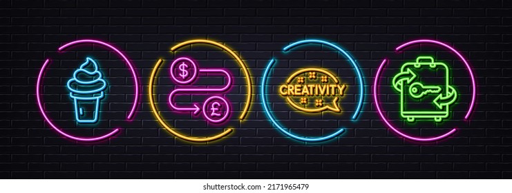 Money transfer, Ice cream and Creativity minimal line icons. Neon laser 3d lights. Luggage icons. For web, application, printing. Currency exchange, Vanilla waffle, Inspiration. Baggage locker. Vector